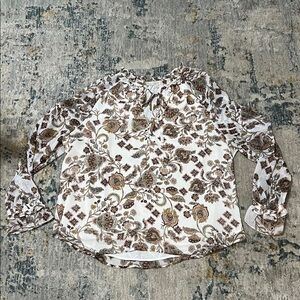 SZ XL Loft Brown Floral shirt with tie neck and sheer long Sleeves